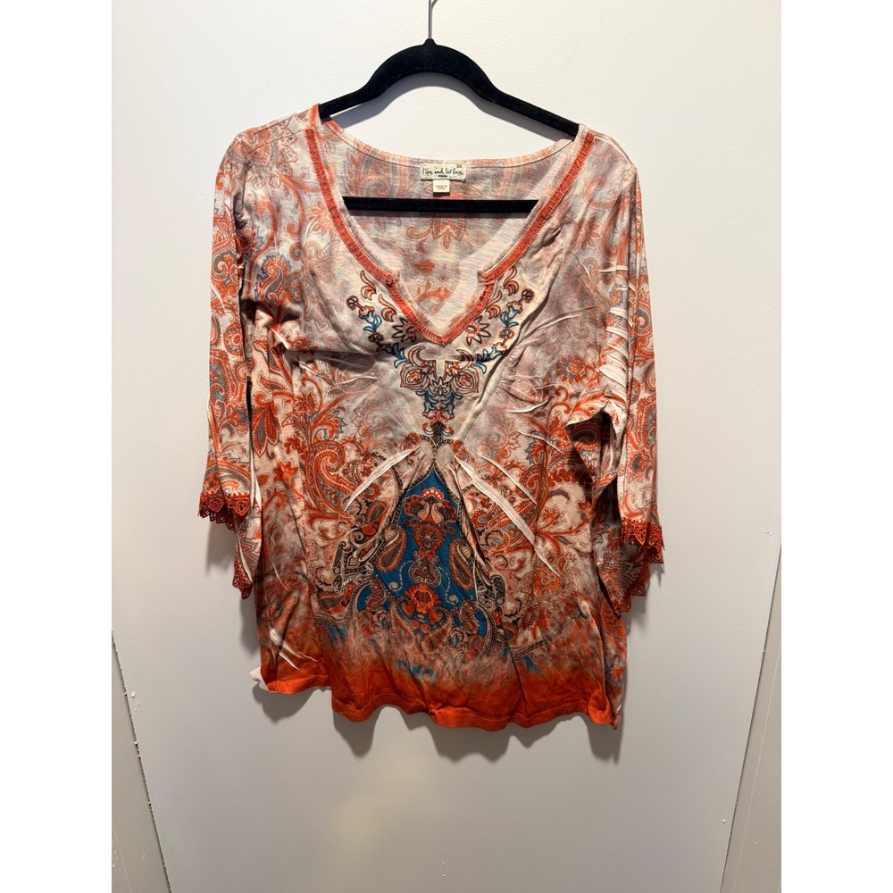 Live and Let Live Woman 3X Orange Blue Paisley V-Neck 3/4 Sleev Crochet Trim Top
